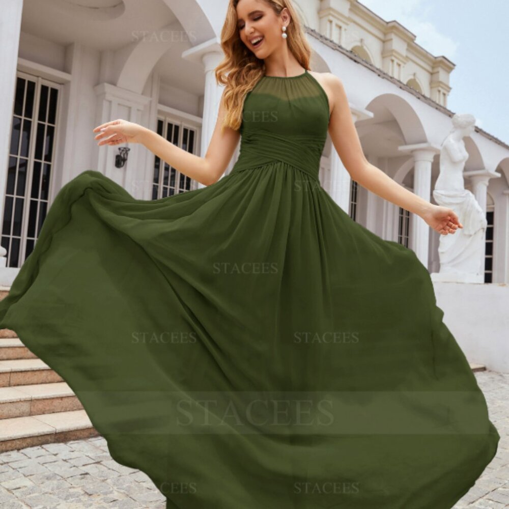 *UNOPENED* STACEES Long A-line Halter Chiffon *Olive* Bridesmaid Dress W/ Pleats - Picture 3 of 4
